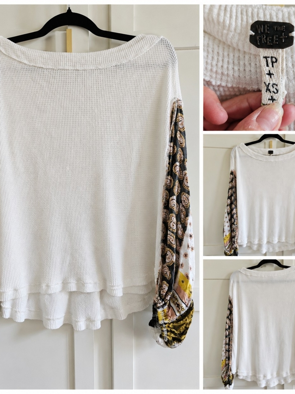 We The Free White Waffle Boho Style Knit Top with Patterned Balloon Sleeves